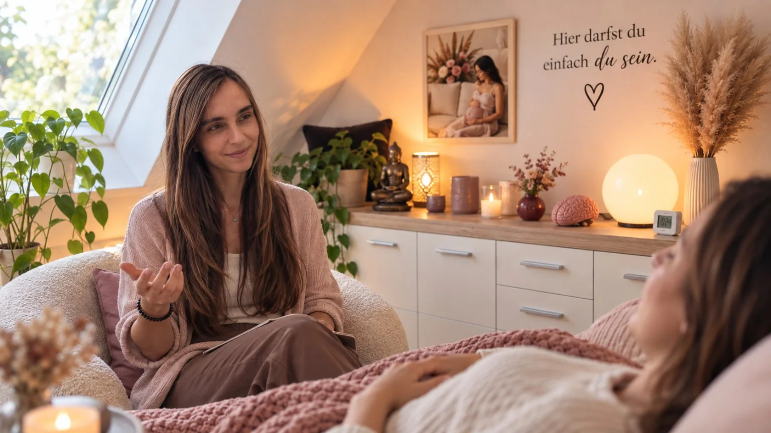 Julia Zeng begleitet eine erwachsene Klientin in einer ruhigen Hypnosesitzung